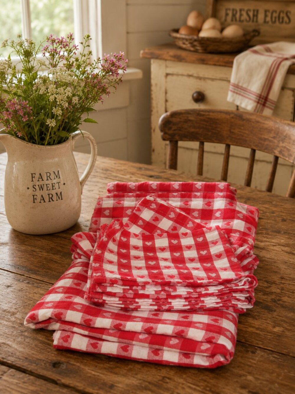 Red & White Gingham Tablecloth & Napkins Heart
